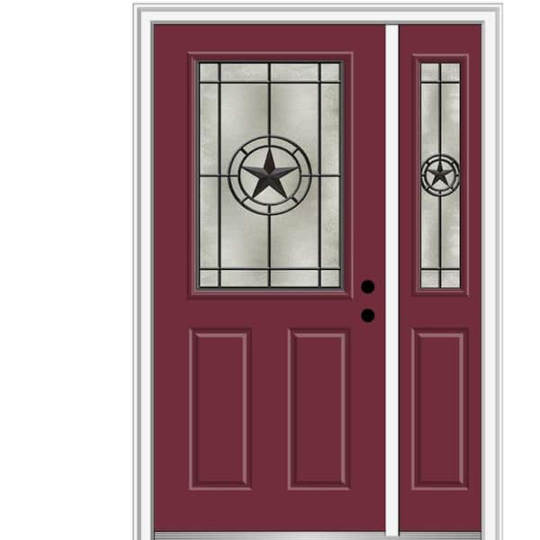 MMI Door Elegant Star 50 in. x 80 in. Left-Hand Inswing 1/2 Lite Decorative Glass Burgundy Painted Fiberglass Prehung Front Door