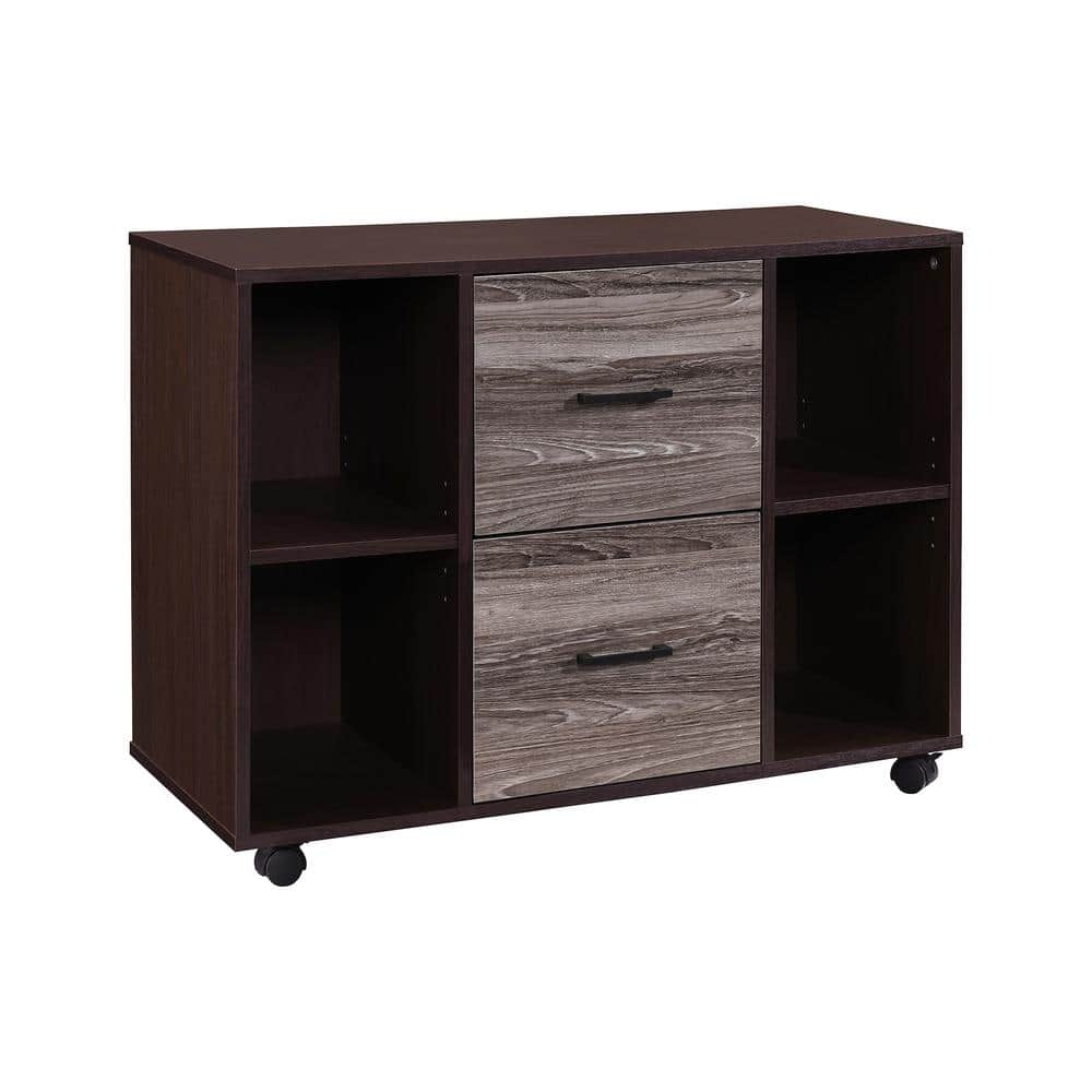 Walnut Wood Mobile Lateral File Cabinet with 2 Drawers