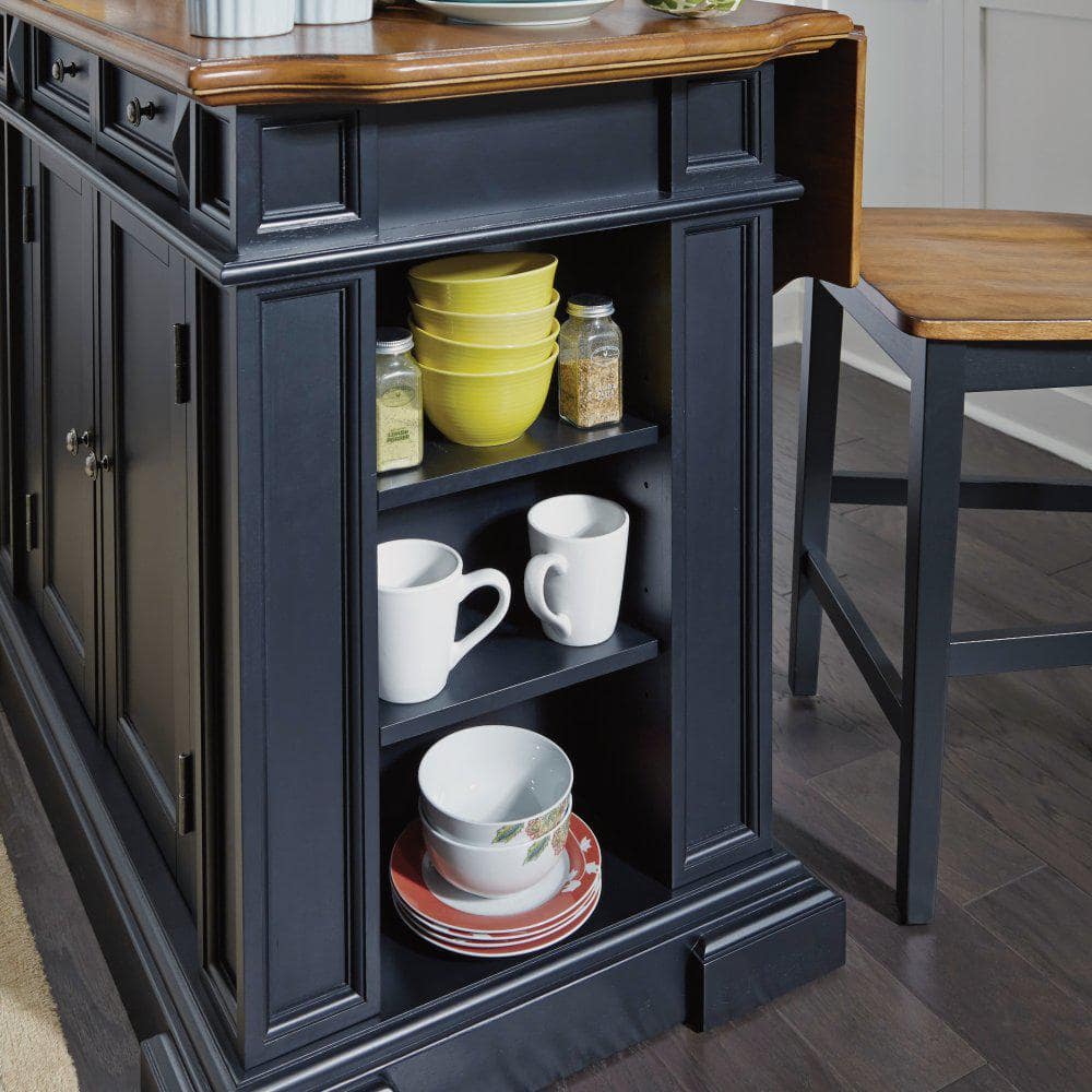 Black and Oak Wood Kitchen Island Set with Stools