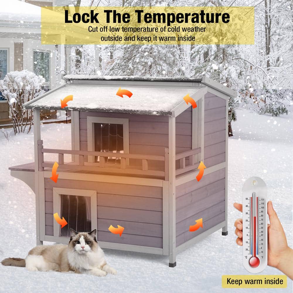 Insulated Two-Story Gray Outdoor Cat House with PVC Door