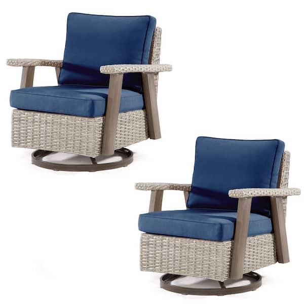 JOYSIDE Wicker Patio Outdoor Rocking Chair Swivel Lounge Chair with Deep Blue Cushion (2-Pack)