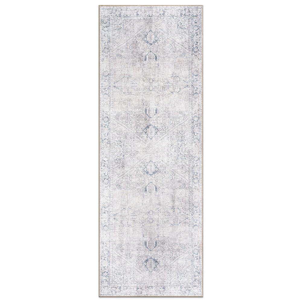 Blue Flat-Woven Polyester Medallion Runner Rug, 2'6"x10'