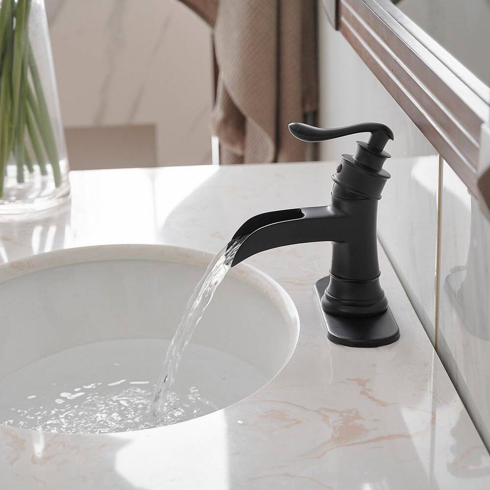 Matte Black Single-Handle Waterfall Bathroom Faucet with Deck Plate