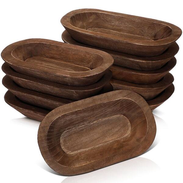 10 Pack 8.5 in. x 5 in. x 2 in. Brown Wooden Dough Bowls Bulk, Rustic Dough Bowl for Wedding DIY Candle Decoration