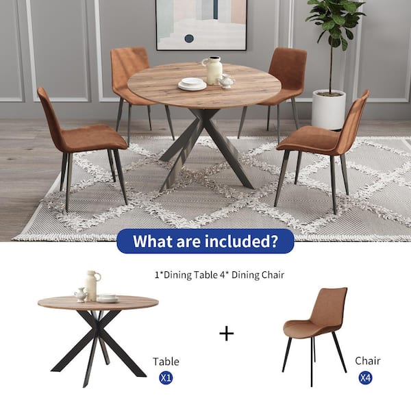 GOJANE 5-Piece Dining Table Set, Walnut MDF Round Dining Table with Carbon Steel Legs and 4-Brown Chairs