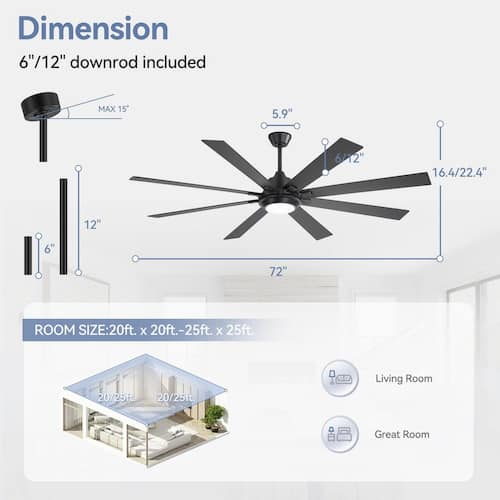 Vargas 72 in. (6 ft.) Indoor Black Large Ceiling Fan with Integrated LED Light with Remote Control and Downrod Included Lighting