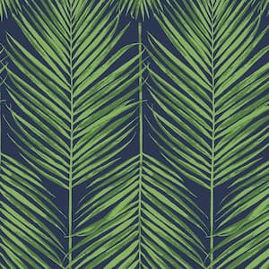 Moss Green and Blue Marina Palm Unpasted Nonwoven Wallpaper Roll 57.5 sq. ft.