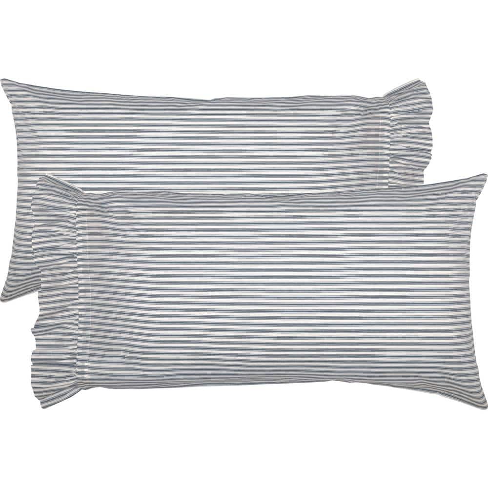 Candlelight White & Country Blue Cotton King Pillowcase Set with Ruffle Detail
