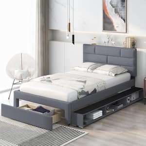 URTR Gray Wood Frame Full Size Upholstered Platform Bed with One Large ...