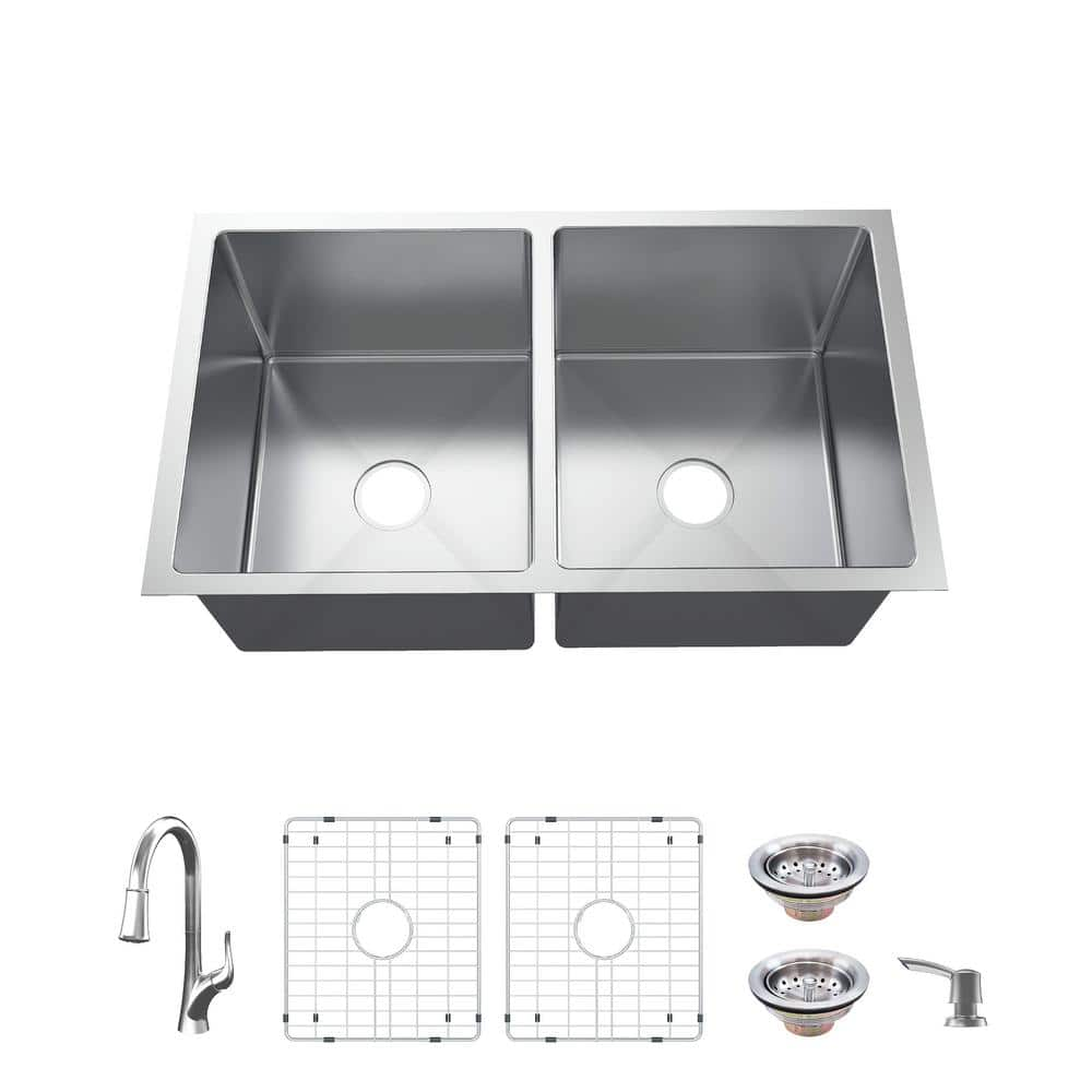 Tight Radius 31 in. Undermount 50/50 Double Bowl 18 Gauge Stainless Steel Kitchen Sink with Pull-Down Faucet -  Glacier Bay