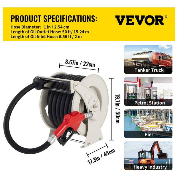 Fuel Diesel Hose Reel Retractable 1 inch x 50ft,Spring Driven Automatic  Rewind,300 PSI Industrial Heavy Duty Steel Construction Auto Swivel Reels  for
