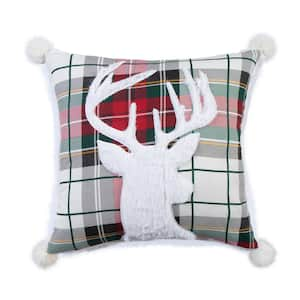 Thatch Home Spencer Plaid Multi-Color Plaid with Reindeer Silhoutte Faux Fur Applique 18 in. x 18 in. Throw Pillow