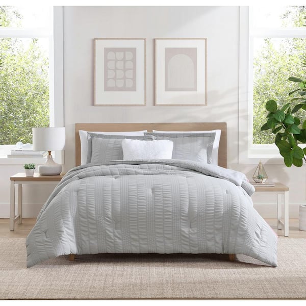 Morgan Textured Seersucker Stripe Silver Grey 3-Piece Soft Polyester Seersucker Comforter Set - Full/Queen
