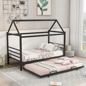 House Shape Black Metal Frame Twin Size Platform Bed with Trundle