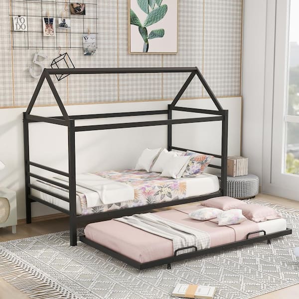 Harper & Bright Designs House Shape Black Metal Frame Twin Size Platform Bed with Trundle