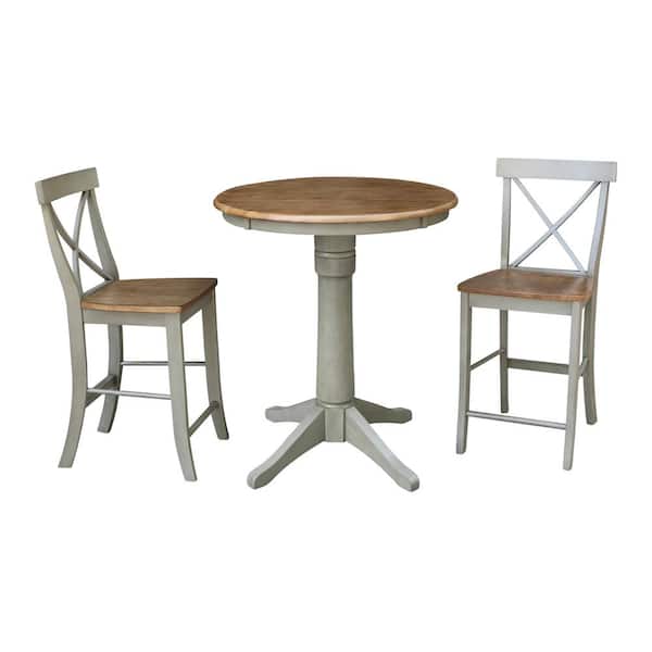 International Concepts Olivia 3-Piece 30 in. Hickory/Stone Round Solid Wood Counter Height Dining Set with X-Back Stools