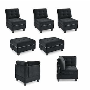 84 in. W Square Arm 7-piece L Shaped Velvet Modern Sectional Sofa in Black with Storage