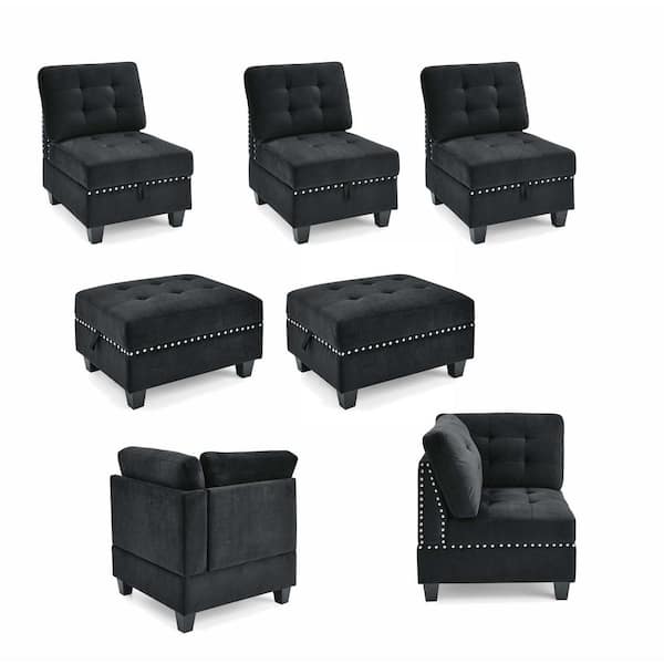 wetiny 84 in. W Square Arm 7-piece L Shaped Velvet Modern Sectional Sofa in Black with Storage