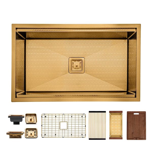 32 in. Undermount Single Bowl 16 Gauge Gold Wave Textured Stainless Steel Workstation Kitchen Sink with Accessories