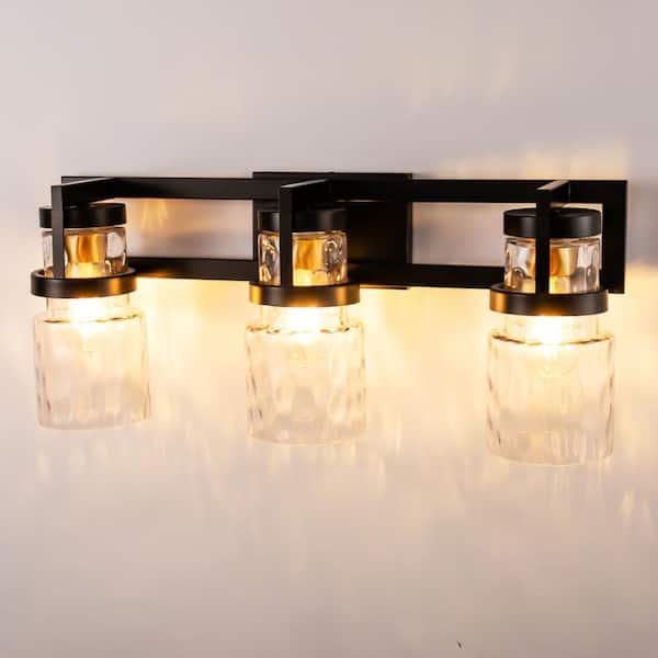 28 in. 3-Light Black and Gold Industrial Vanity Light with Water Glass Chrome Cylinder Shades