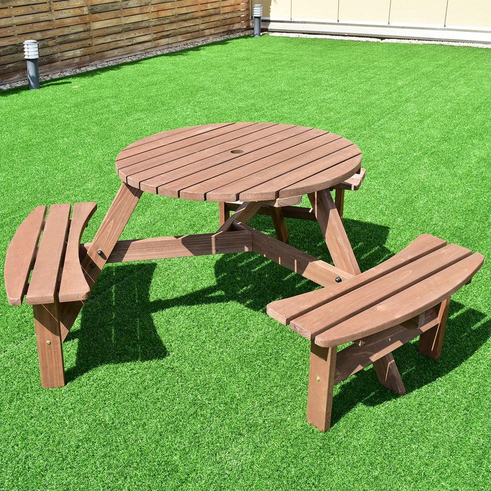 6-Person Dark Brown Fir Wood Picnic Table Set with Benches