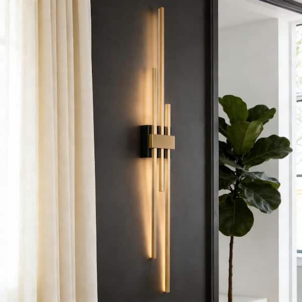 42 in. 3-Light Brass and Black Linear LED Wall Sconce w/ Modern Asymmetric Design for Living Room Entryway Accent Walls