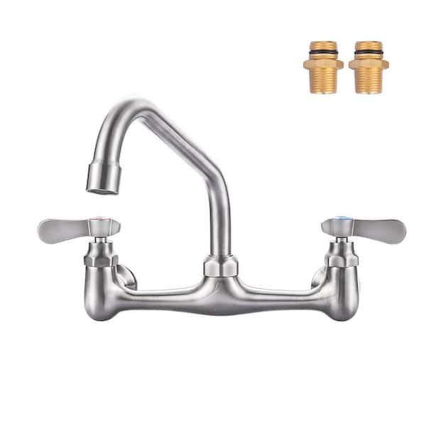 Double Handle Wall Mount Commercial Brass Standard Kitchen Faucet with 8 in. Swivel Spout 8 in. Center in Brushed Nickel