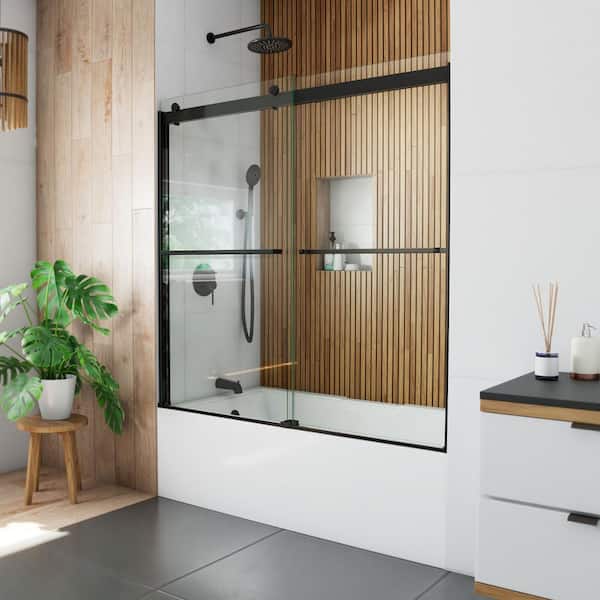 DreamLine Sapphire 56 in. 60 in. W x 60 in. H Sliding Semi Frameless Tub Door in Matte Black with Clear Glass