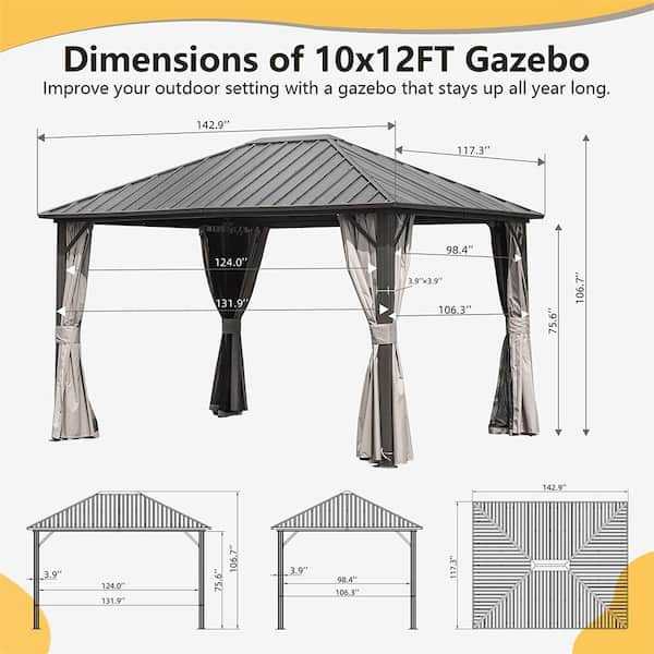 10 ft. x 12 ft. Bronze Brown Permanent Outdoor Galvanized Steel Roof Gazebo, Aluminum Frame, Netting and Curtains