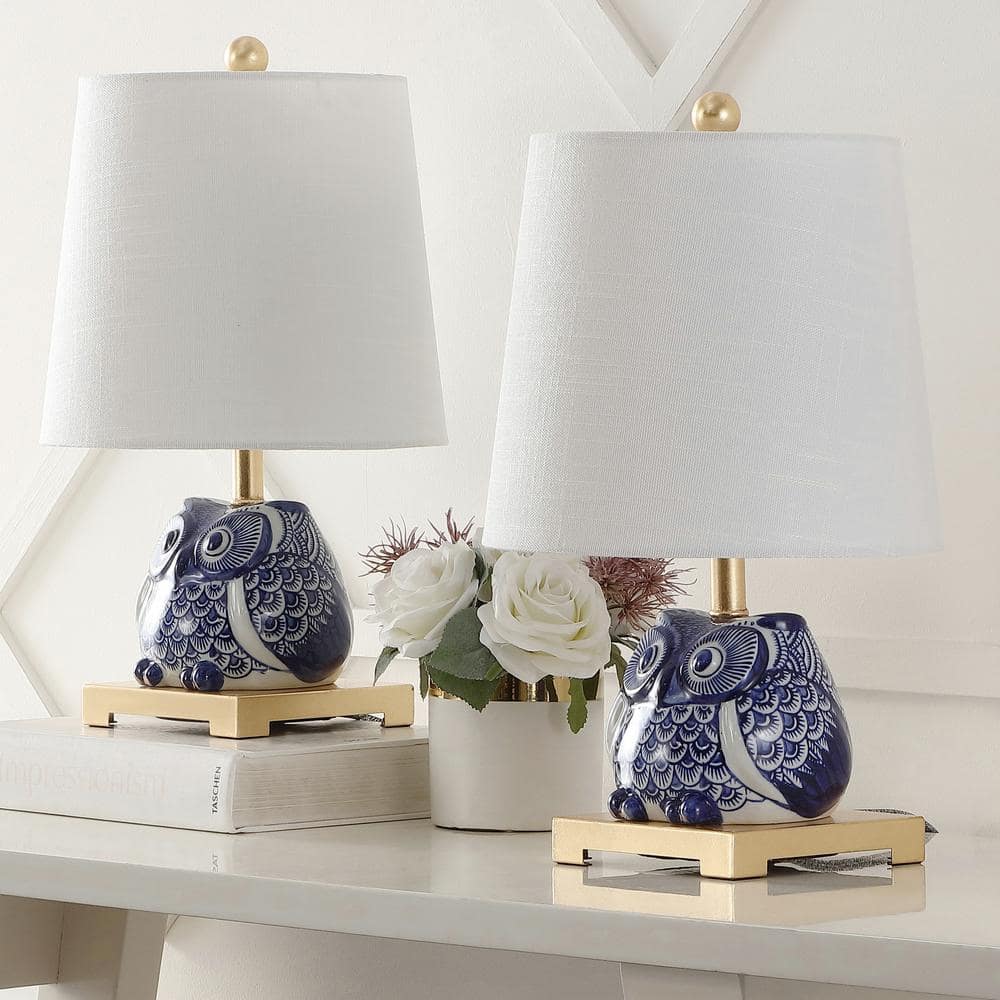 Justina Blue Ceramic Owl Table Lamp Set with White Shade