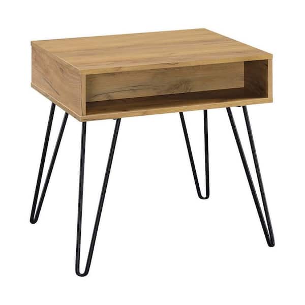 Benjara 23.5 in. Brown and Black Rectangle Wood End Table with 1 Compartment and Hairpin Legs