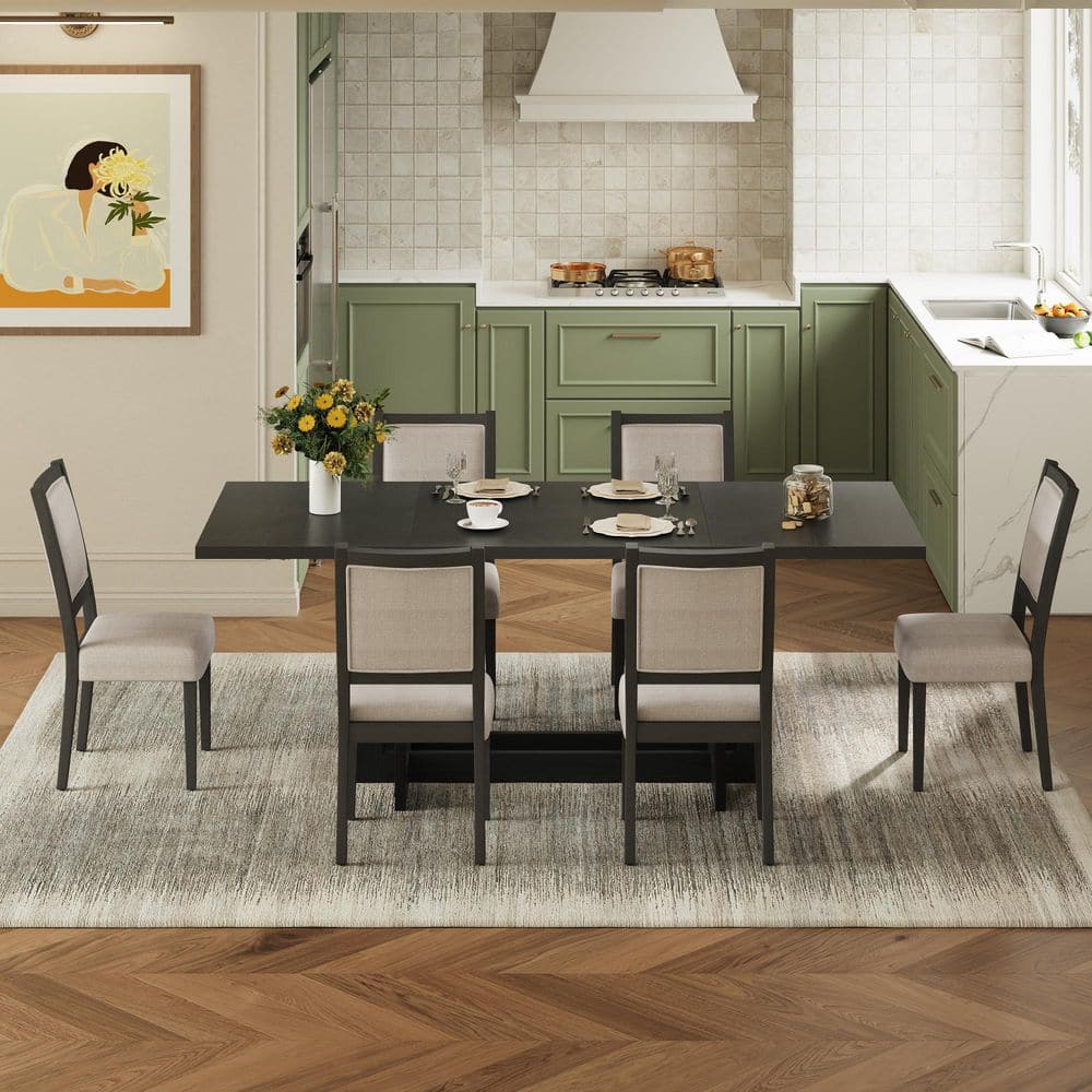 Ildora Modern Rustic 7-Piece Rectangle Grey Finish and Beige MDF Wood Top Dining Table Set with Removable Leaf, 6 Seats
