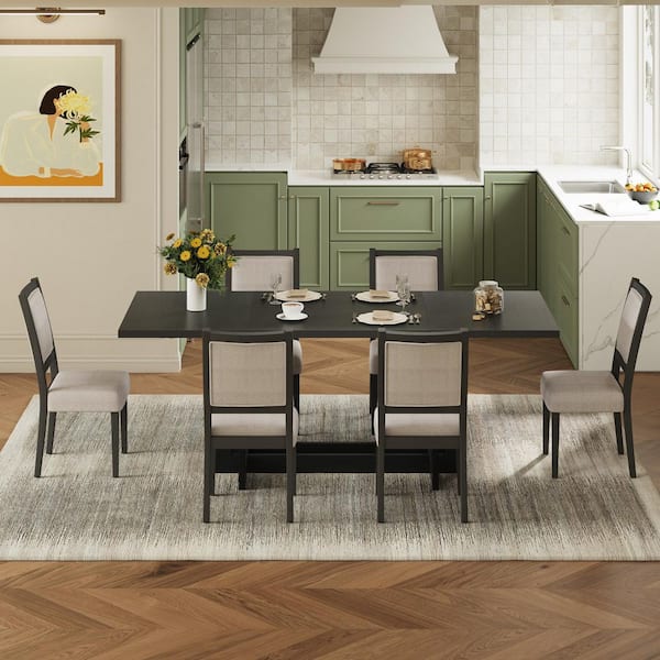 Ildora Modern Rustic 7-Piece Rectangle Grey Finish and Beige MDF Wood Top Dining Table Set with Removable Leaf, 6 Seats