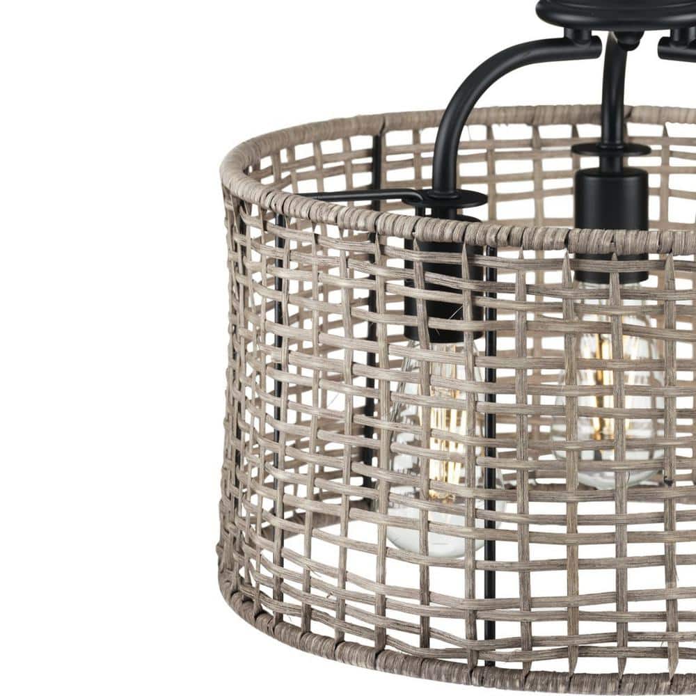 Matte Black and Rattan 3-Light Semi-Flush Mount Ceiling Light
