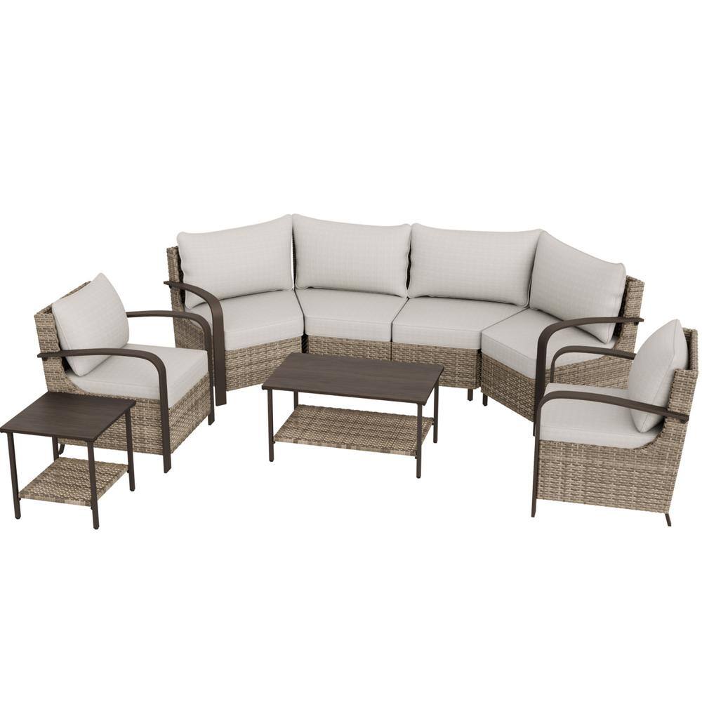 8-Piece Brown Steel Wicker Outdoor Sectional Sofa Set with Beige Cushions