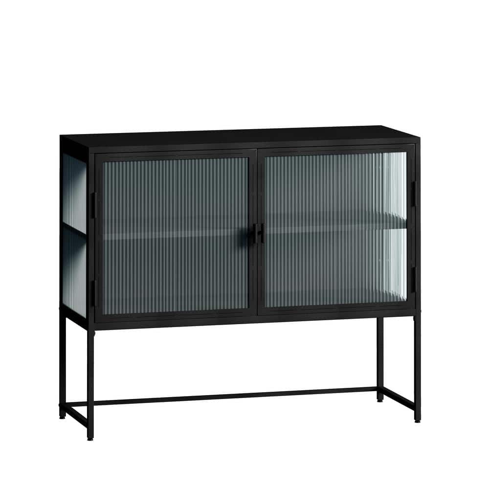 15.75 in. W x 43.31 in. D x 35.9 in. H Matte Black Linen with 2 Glass Doors, Featuring