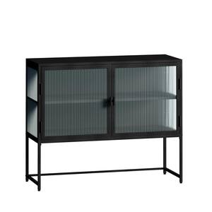 15.75 in. W x 43.31 in. D x 35.9 in. H Matte Black Linen Cabinet with 2 Glass Doors, Featuring Two-tier Storage