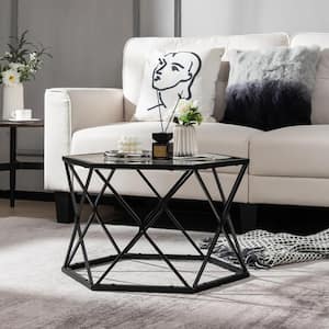 25.5 in. Black Hexagon Geometric Glass Modern Coffee Table With Tempered Glass Top and Metal LegsLiving Roo