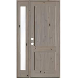 44 in. x 96 in. Rustic knotty alder Sidelite 2 Panel Right-Hand/Inswing Clear Glass Grey Stain Wood Prehung Front Door