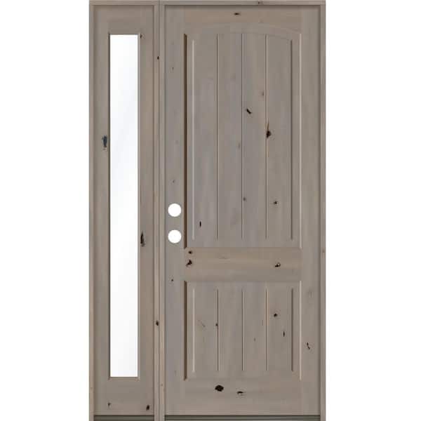Krosswood Doors 44 in. x 96 in. Rustic knotty alder Sidelite 2 Panel Right-Hand/Inswing Clear Glass Grey Stain Wood Prehung Front Door
