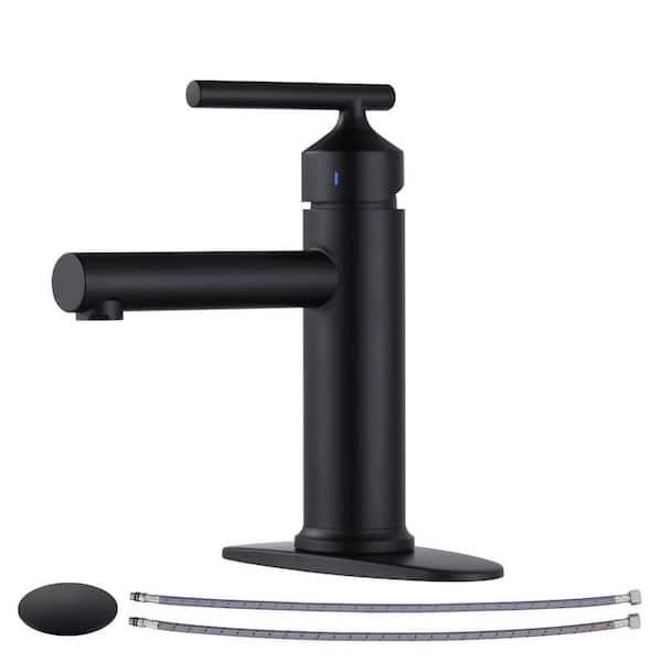 Single Handle Single Hole Bathroom Faucet with Pop-Up Drain and 2 Water Inlet Pipes Included in Matte Black