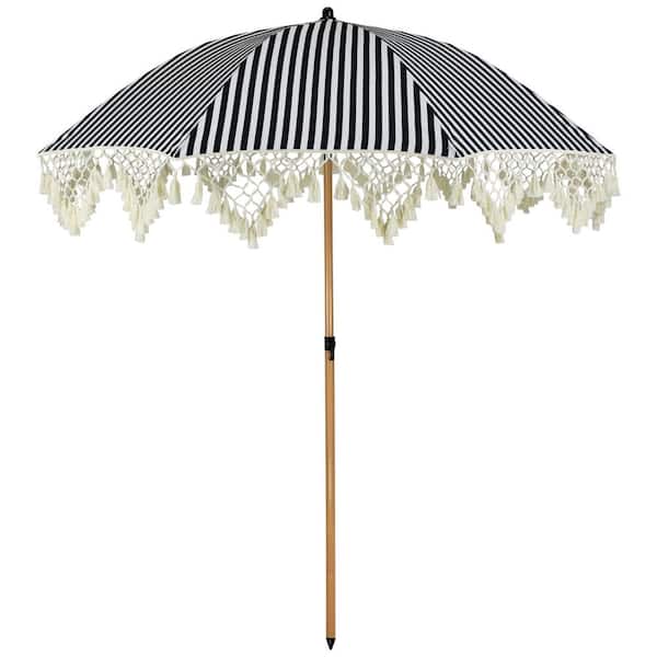 6.5 ft. Striped Outdoor Macrame Boho Beach Market Patio Umbrella with Tilt-78 in. Black and White