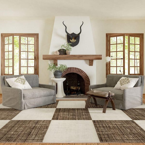 Aspen Checkerboard Fringed Brown 8 ft. x 10 ft. Indoor/Outdoor Patio Rug