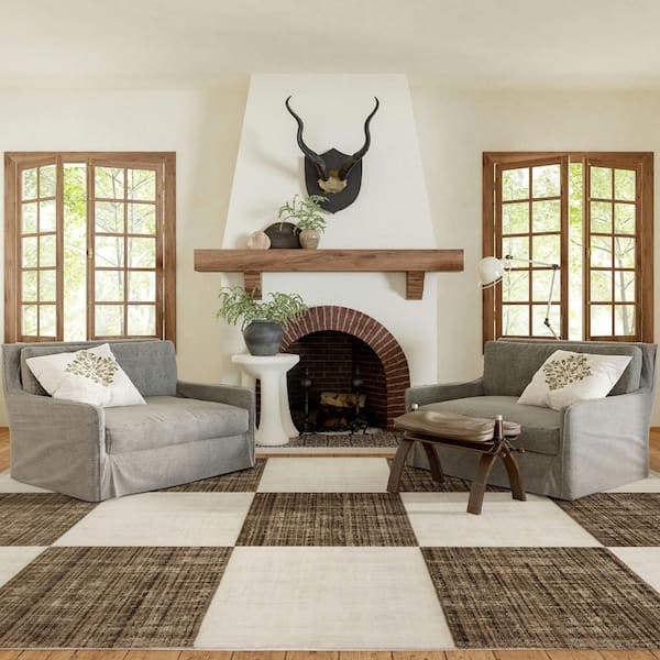 Aspen Checkerboard Fringed Brown 9 ft. x 13 ft. Indoor/Outdoor Patio Rug