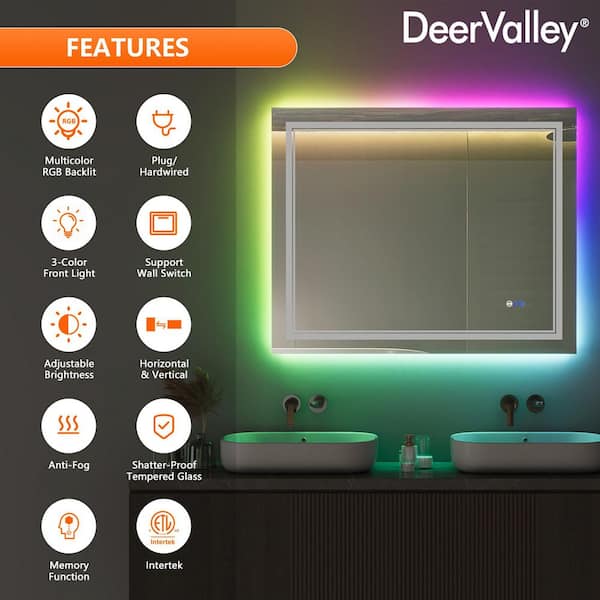 40 in. W x 32 in. H Rectangular Frameless LED Light Anti-Fog Wall Bathroom Vanity Mirror, 3-Front Light + 8 RGB Backlit