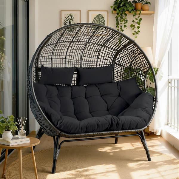 Unbranded Oversized 2Person Outdoor Wicker Lounge Egg Chair Double Patio Loveseat with 6.5 in. Dark Gray Cushion 680 lbs. Capacity
