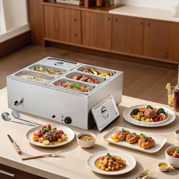 Commercial Food Warmer,1500W Electric Stainless Steel Steam Food Warmer,6-Pan Fast Heating Countertop Buffet Bain Marie