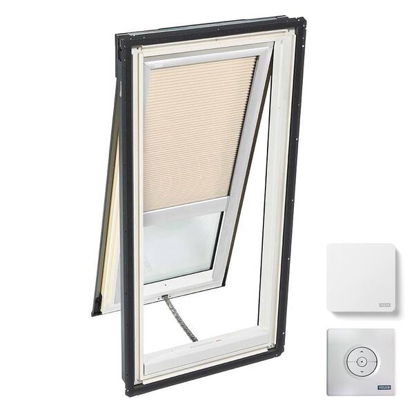 VELUX 21 in. x 37-7/8 in. Venting Deck-Mount Skylight with Laminated Low-E3 Glass and Beige Solar Powered Room Darkening Blind