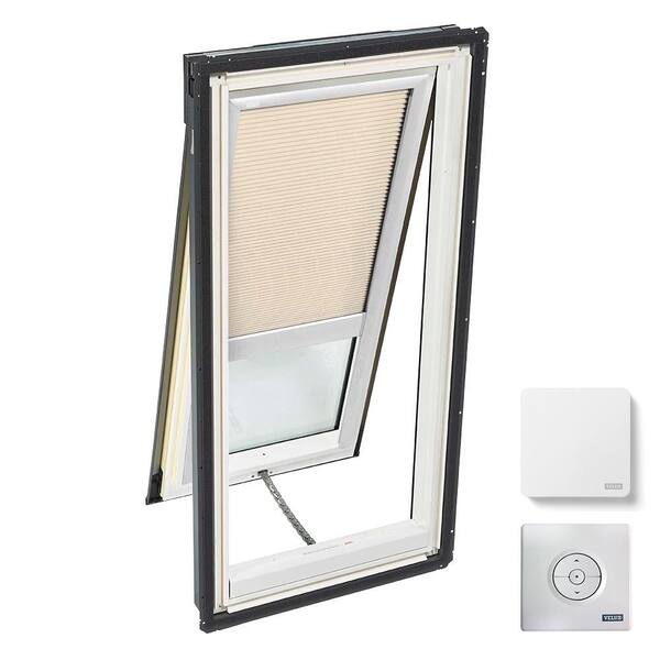 VELUX 30-1/16 in. x 45-3/4 in. Venting Deck-Mount Skylight w/ Laminated Low-E3 Glass, Beige Solar Powered Room Darkening Blind