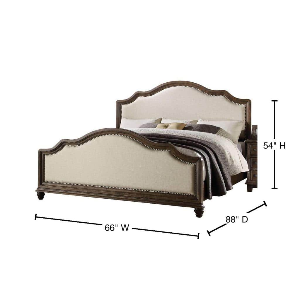 Elegant Queen Bed with Nailhead Trim in Beige Linen & Weathered Oak